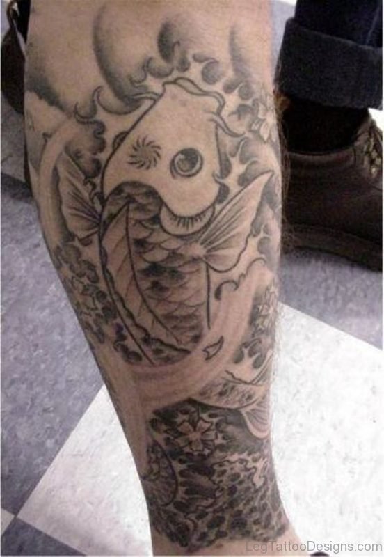 Grey Fish Tattoo On Leg