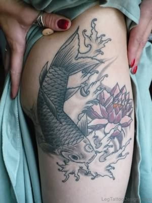 Grey Fish Tattoo On Thigh