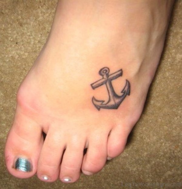 Grey Ink Anchor Foot Tattoo