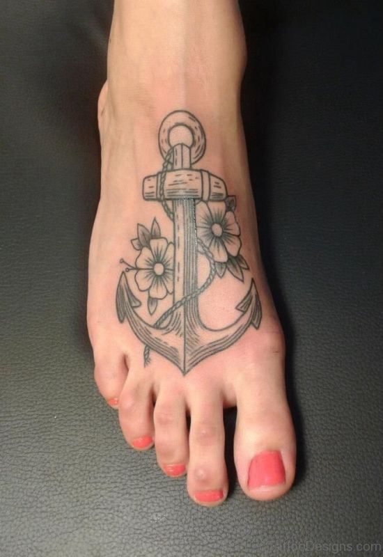 Grey Ink Anchor Tattoo On Foot