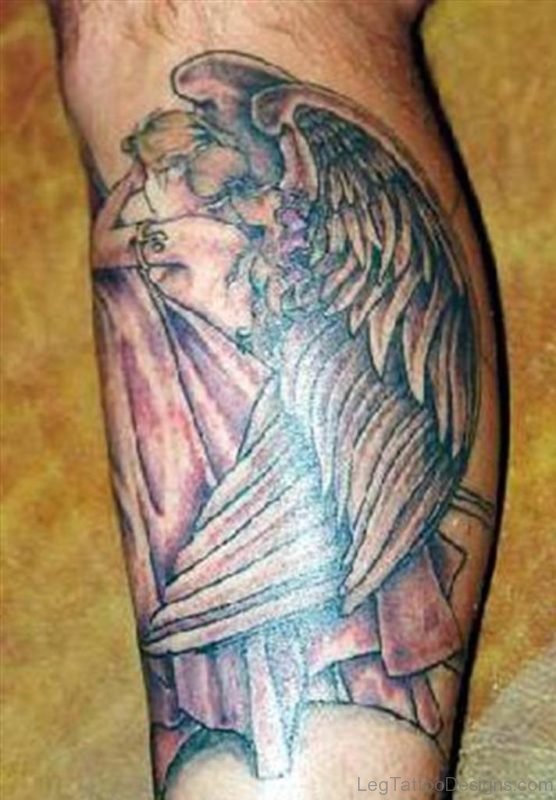 Grey Ink Angel Fantasy Tattoo On Leg