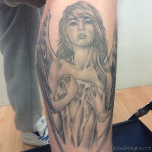 Grey Ink Angel Tattoo On Right Leg