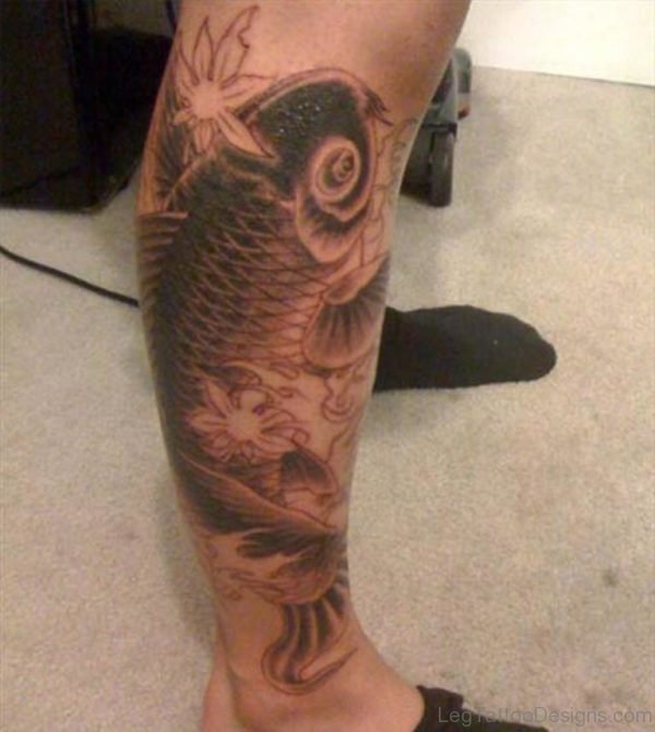 Grey Ink Aqua Fish Tattoo On Right Leg