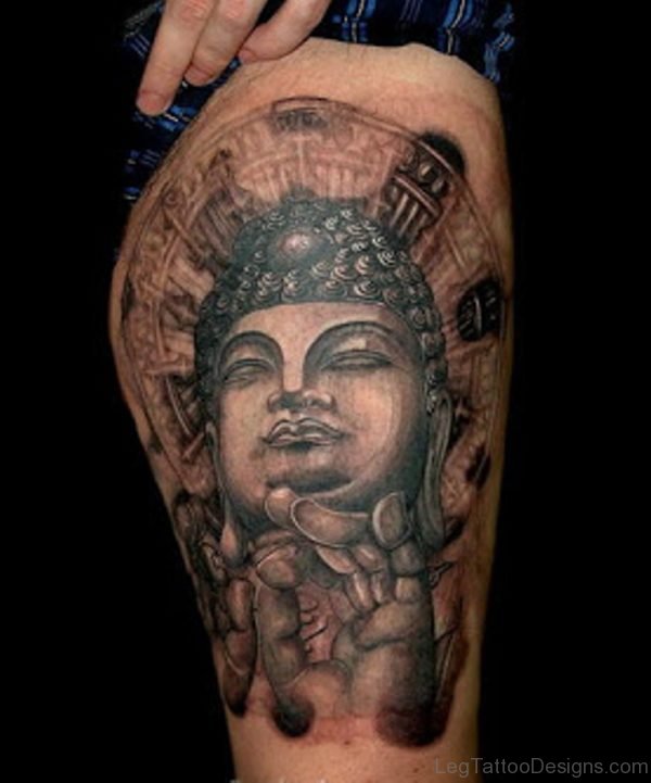 Grey Ink Buddhist Tattoo On Leg Sleeve