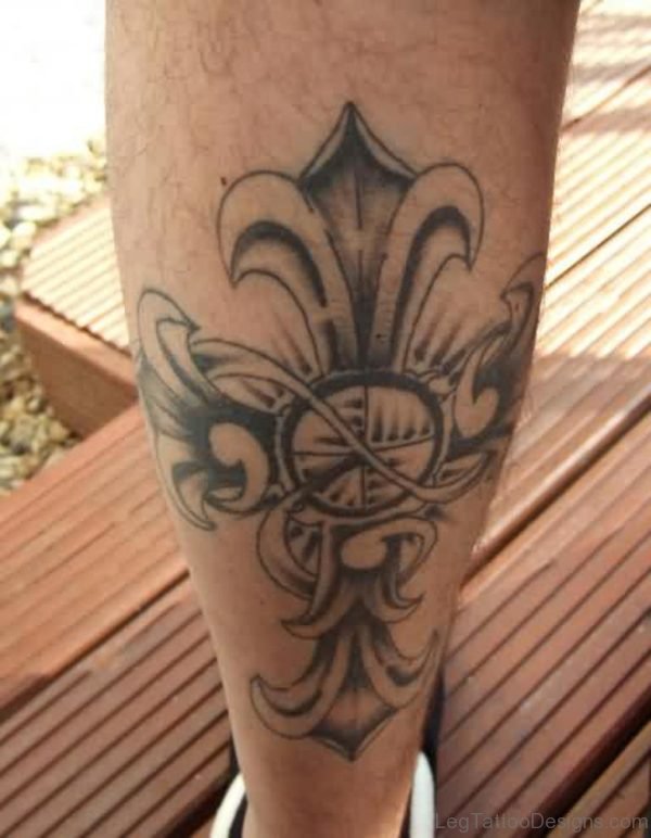 Grey Ink Celtic Cross Tattoo On Leg 