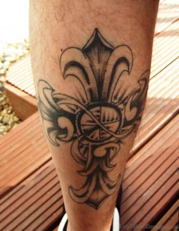 Grey Ink Celtic Cross Tattoo On Leg