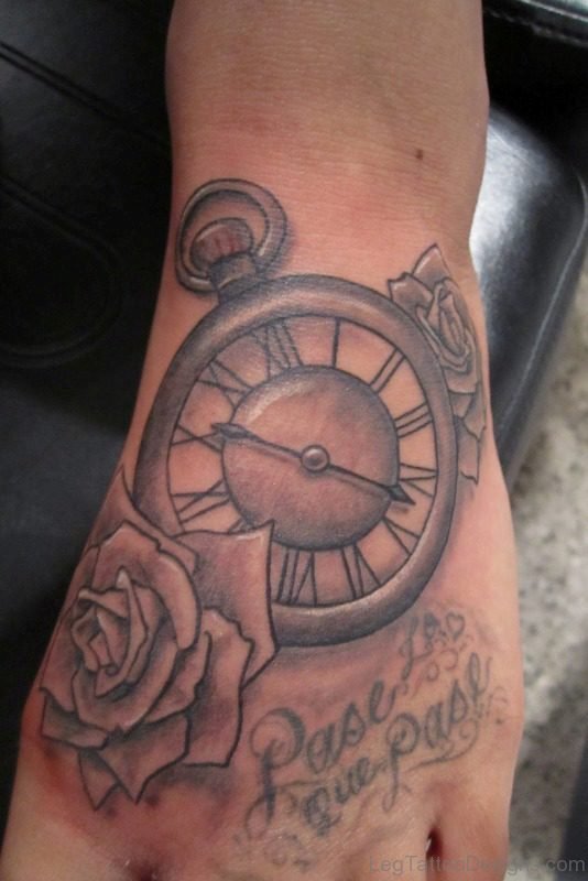 Grey Ink Clock Tattoo On Foot