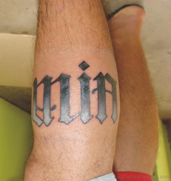 Grey Ink Min Ambigram Tattoo On Leg