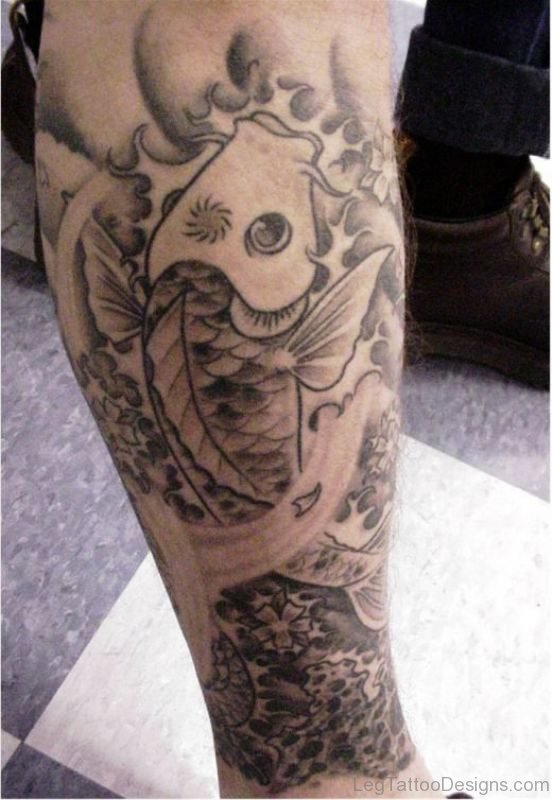 Grey Koi Fish Tattoo On Calf