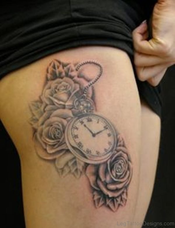 Grey Rose And Clock Tattoo
