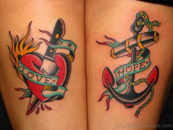 Heart ANd Anchor Tattoo On Thigh