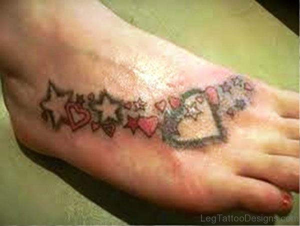 Heart With Stars Tattoo On Foot
