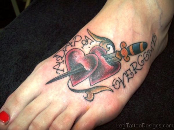 Hearts Stabbed Tattoo On Foot