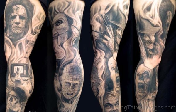 Horrer Portrait Tattoo On LEg