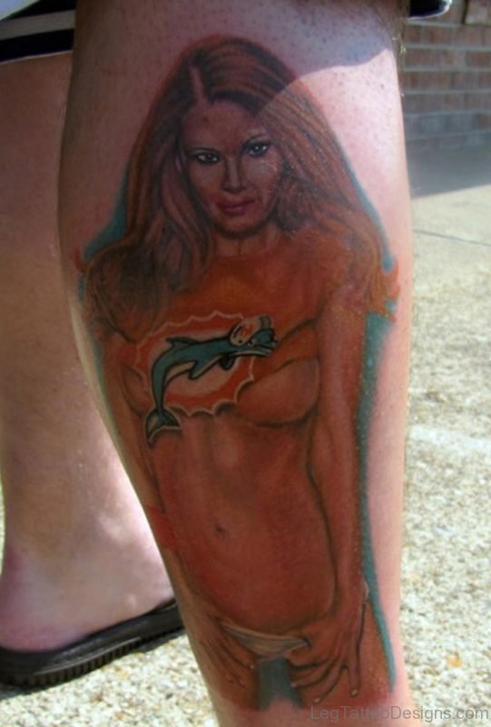 Hot Girl Portrait Tattoo On Leg