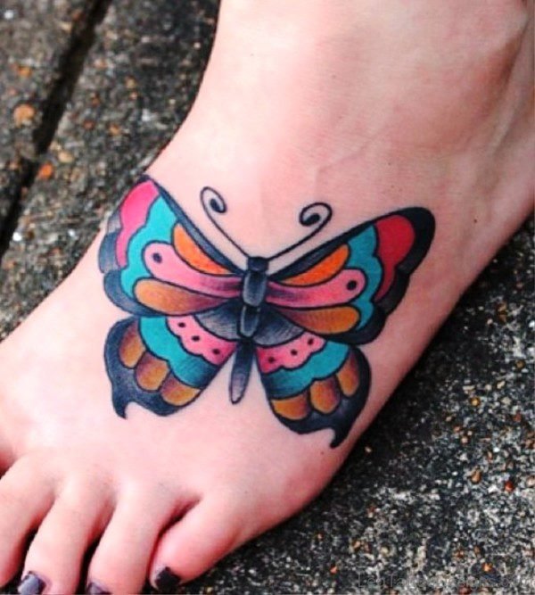 Huge Colorful Butterfly Tattoo On Foot