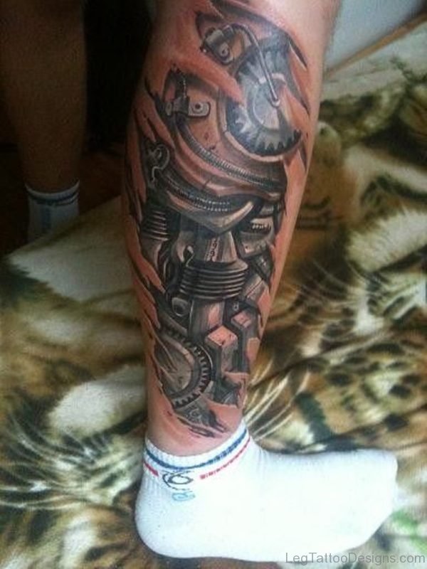 Impressive Biomechanical Tattoo For Leg