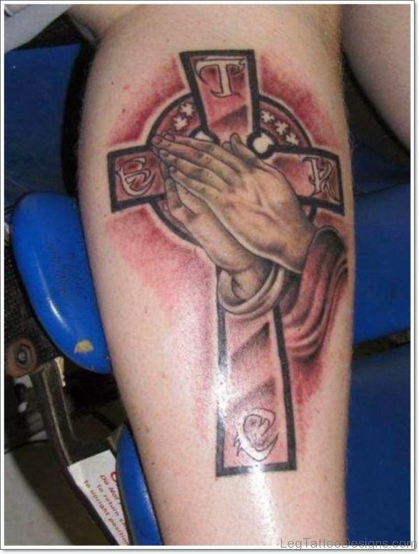 Impressive Cross And Praying Hands Tattoo