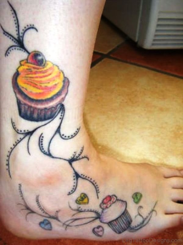 Impressive Cupcake Tattoo On Foot