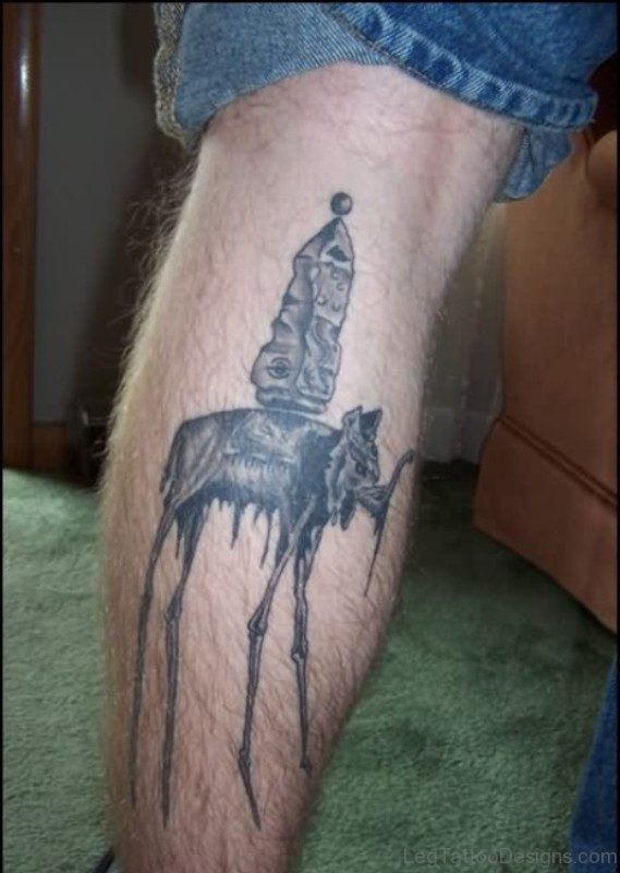 Impressive Dali Elephant Tattoo On Leg