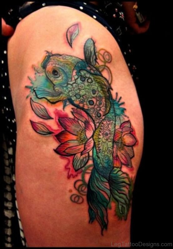 Impressive Fish Tattoo On Thigh