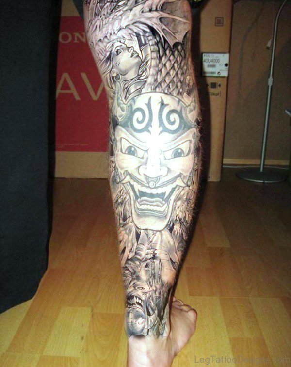 Japenese Evil Tattoo On Leg