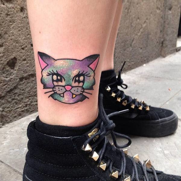 Kawaii Style Cat Tattoo On Leg