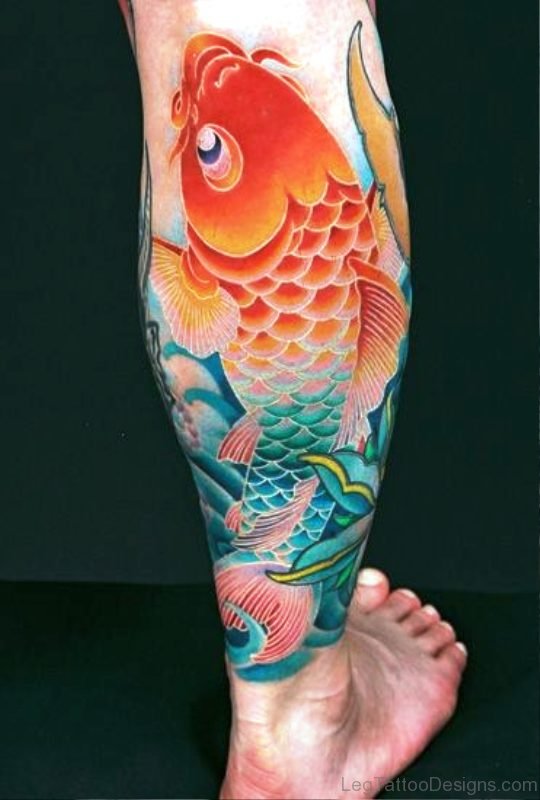Koi Fish Tattoo On Calf