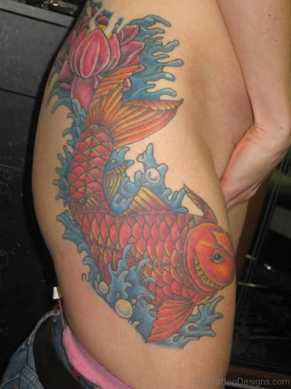 Koi Fish Tattoo on Side of Thigh
