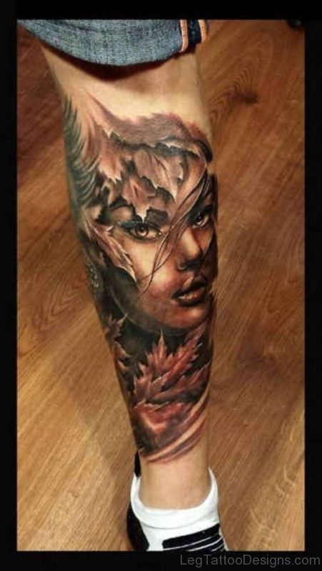 Leaf And Portrait Tattoo