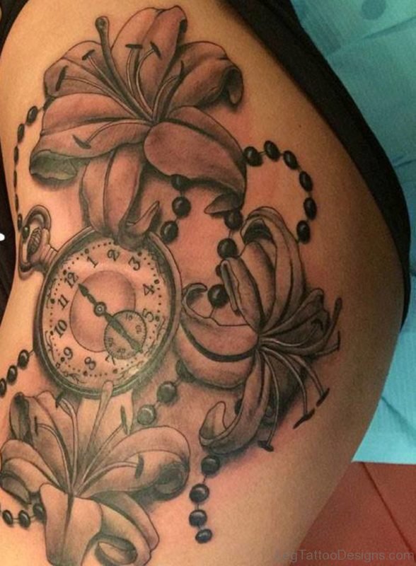 Lily Flower And Clock Tattoo