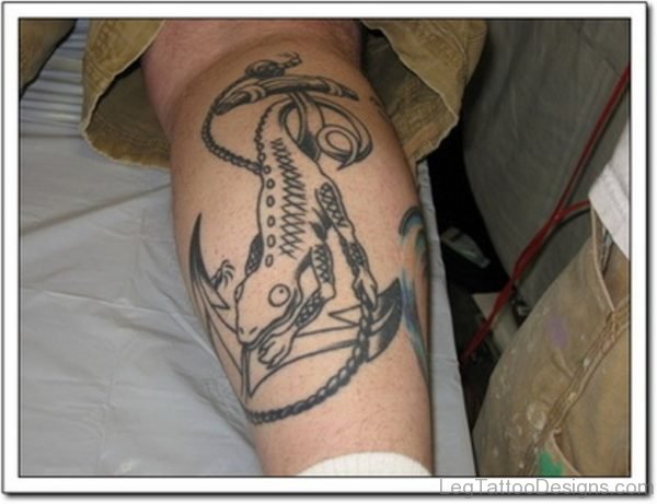 Lizard On Anchor Tattoo On Leg