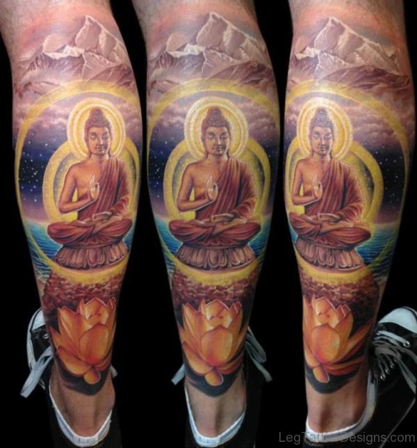Lotus And Buddha Tattoo On Leg