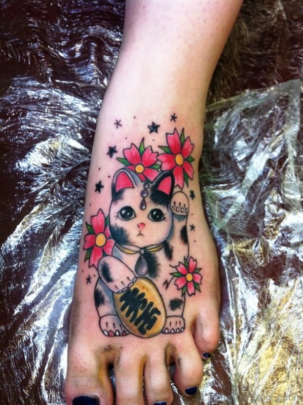 Lovely Cat Tattoo On Foot