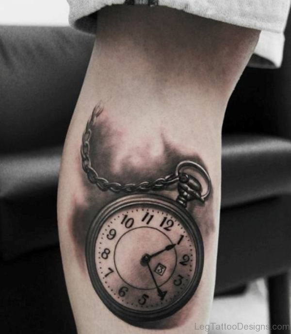 Lovely Clock Tattoo On Leg