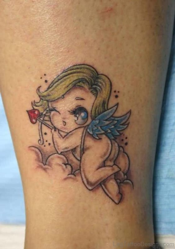 Lovely Flying Angel Baby Tattoo On Leg