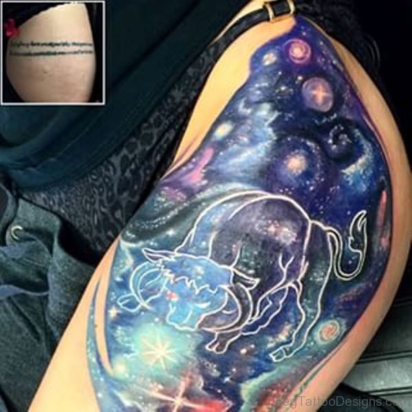 Lovely Taurus Tattoo On Thigh