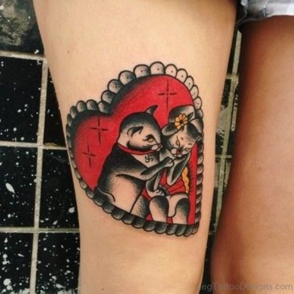 Loving cats Tattoo On Thigh