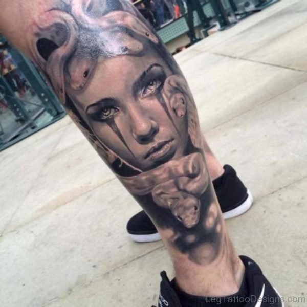 Medusa Potrait Tattoo On Leg