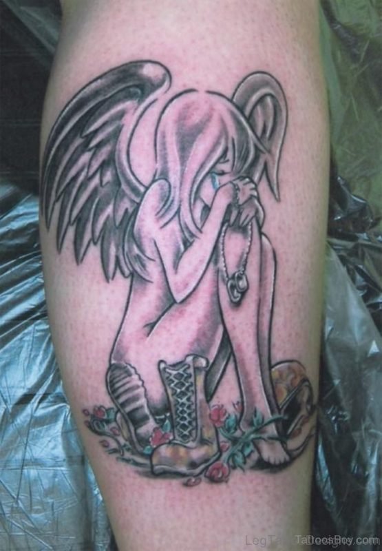 Memorial Angel Tattoo On Leg