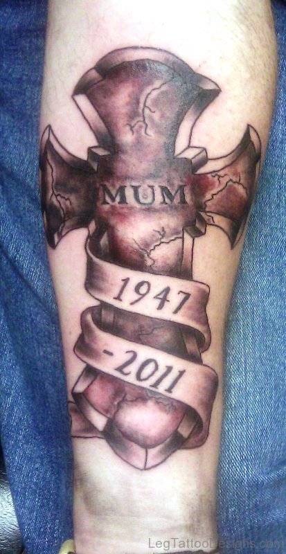 Memorial Cross Tattoo Design On Leg