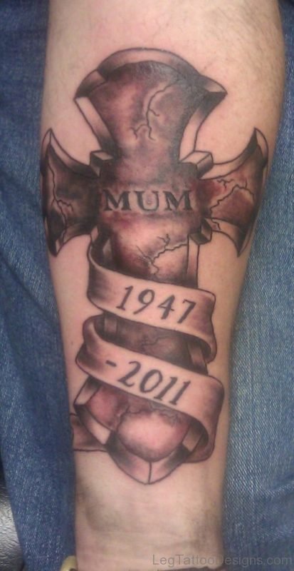 Memorial Cross Tattoo On Leg 