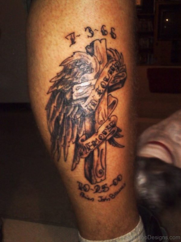 Memorial Wings Cross Tattoo On Leg