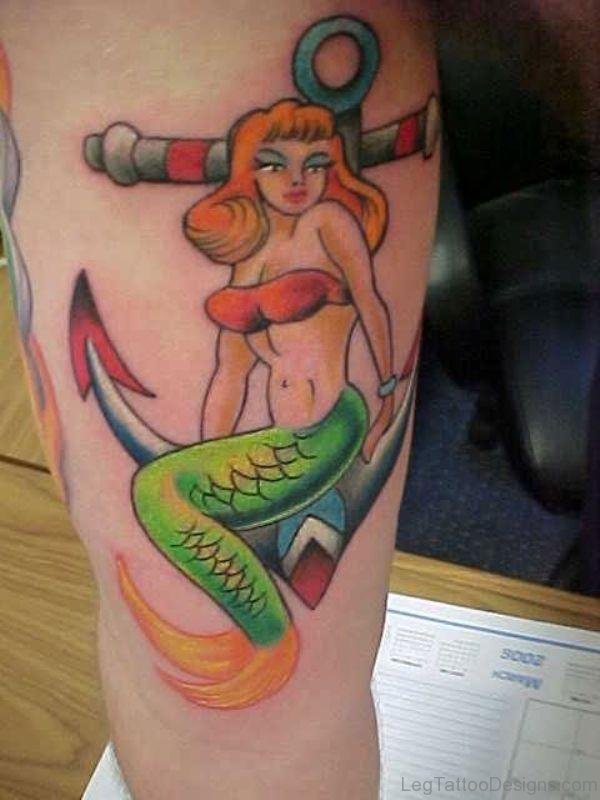 Mermaid Anchor Tattoo On Thigh