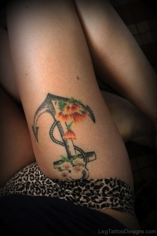 Modern Anchor Tattoo On Thigh