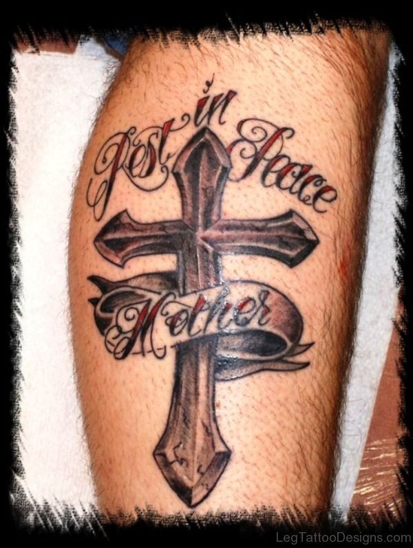 Mother Cross Tattoo On Leg