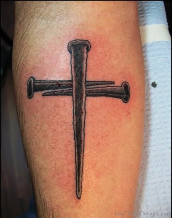 Nail Cross Tattoo On Leg