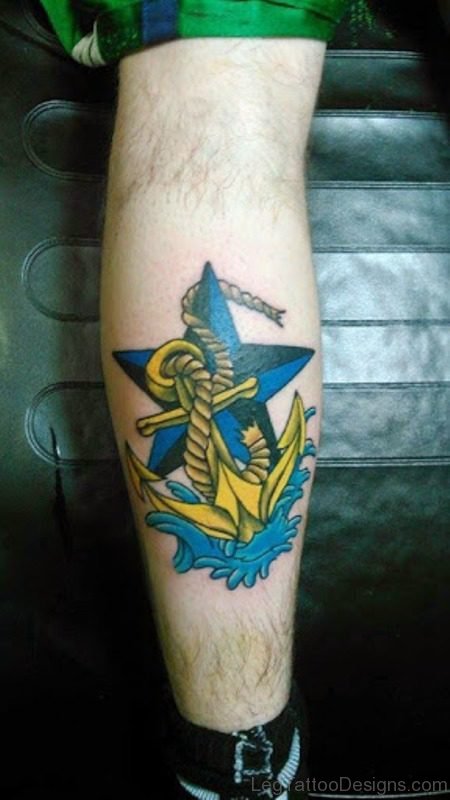 Nautical Star Anchor Tattoo Design On Leg