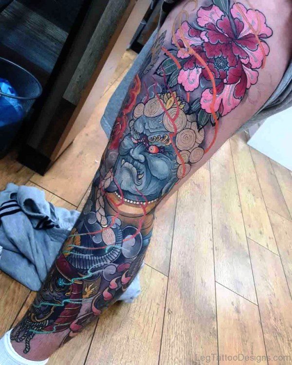 Neo Japanese Evil Tattoo On Leg