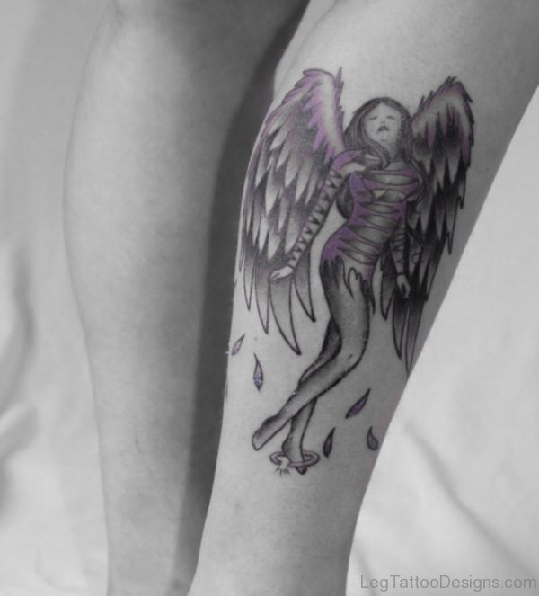 Nice Angel Tattoo On Leg Image